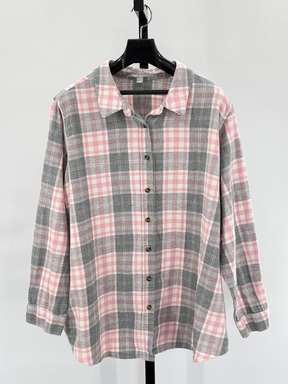 Woman Within Pink/Gray Flannel Button Long Sleeve 1X or 22/24 Shirt Fall Casual